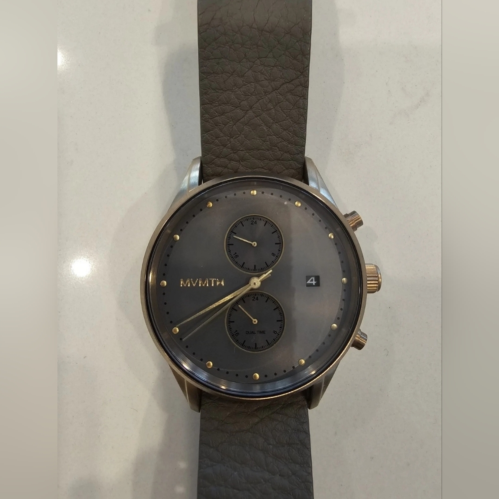 MVMT Men's Voyager Bronze Age Gray Leather Strap Watch 45mm - Excellent